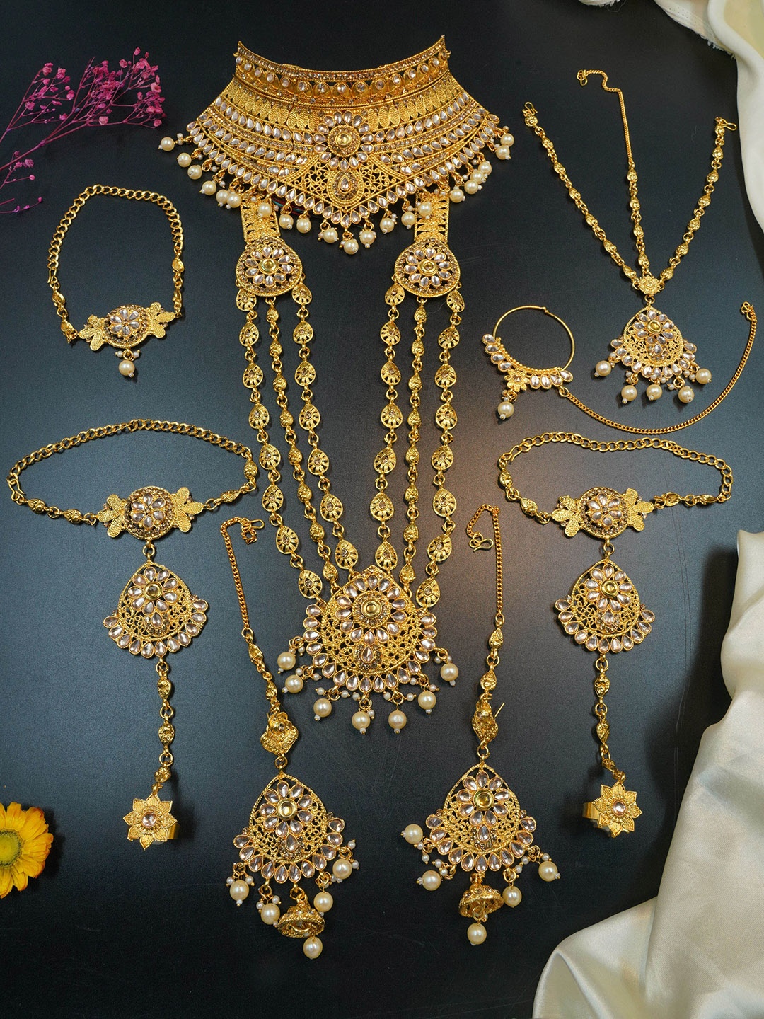 

GRIIHAM Gold-Plated Kundan & AD-Studded Brass Bridal Jewellery Set, White