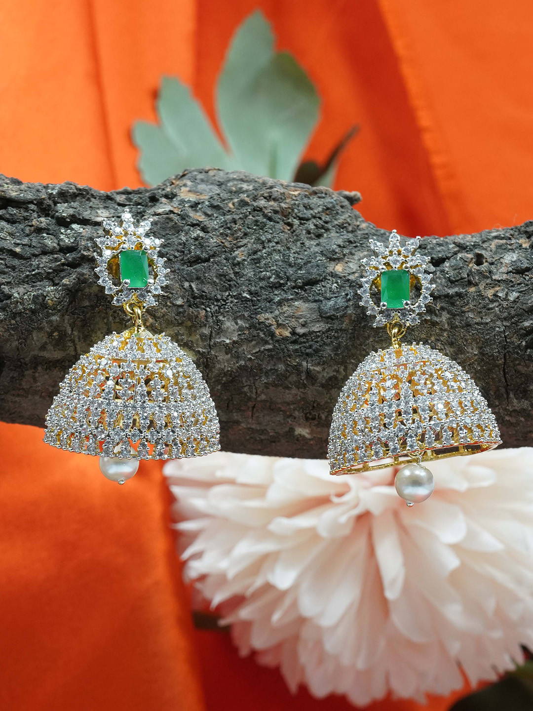 

GRIIHAM Gold-Plated Contemporary CZ Studded Jhumkas Earrings, Green