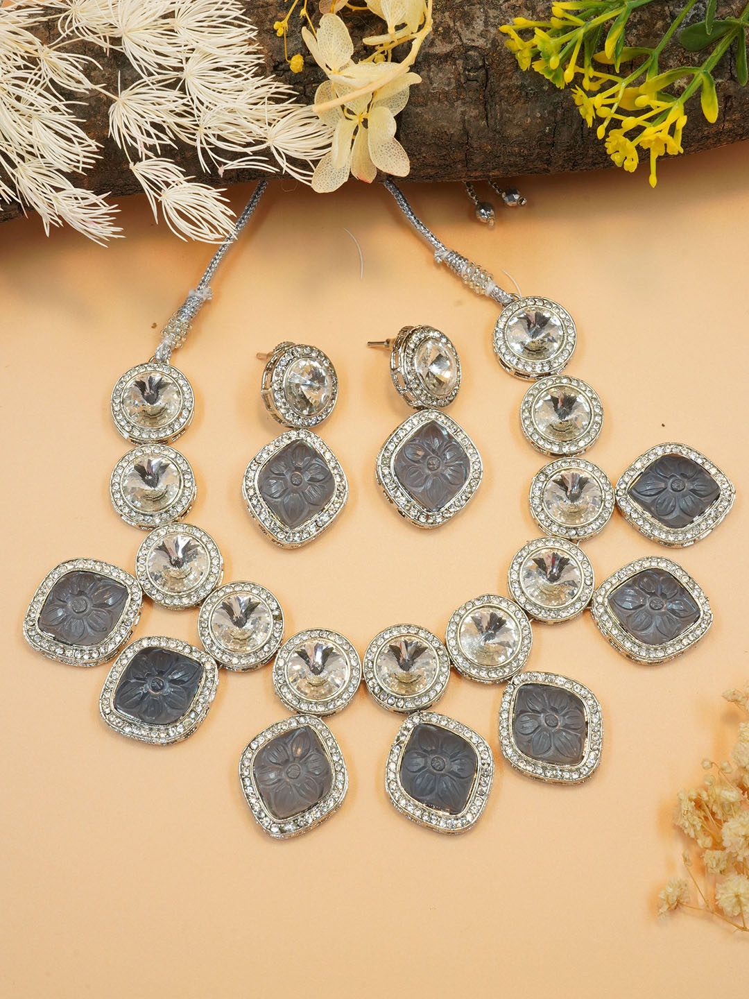 

GRIIHAM Silver-Plated AD-Studded & Beaded Jewellery Set, Grey