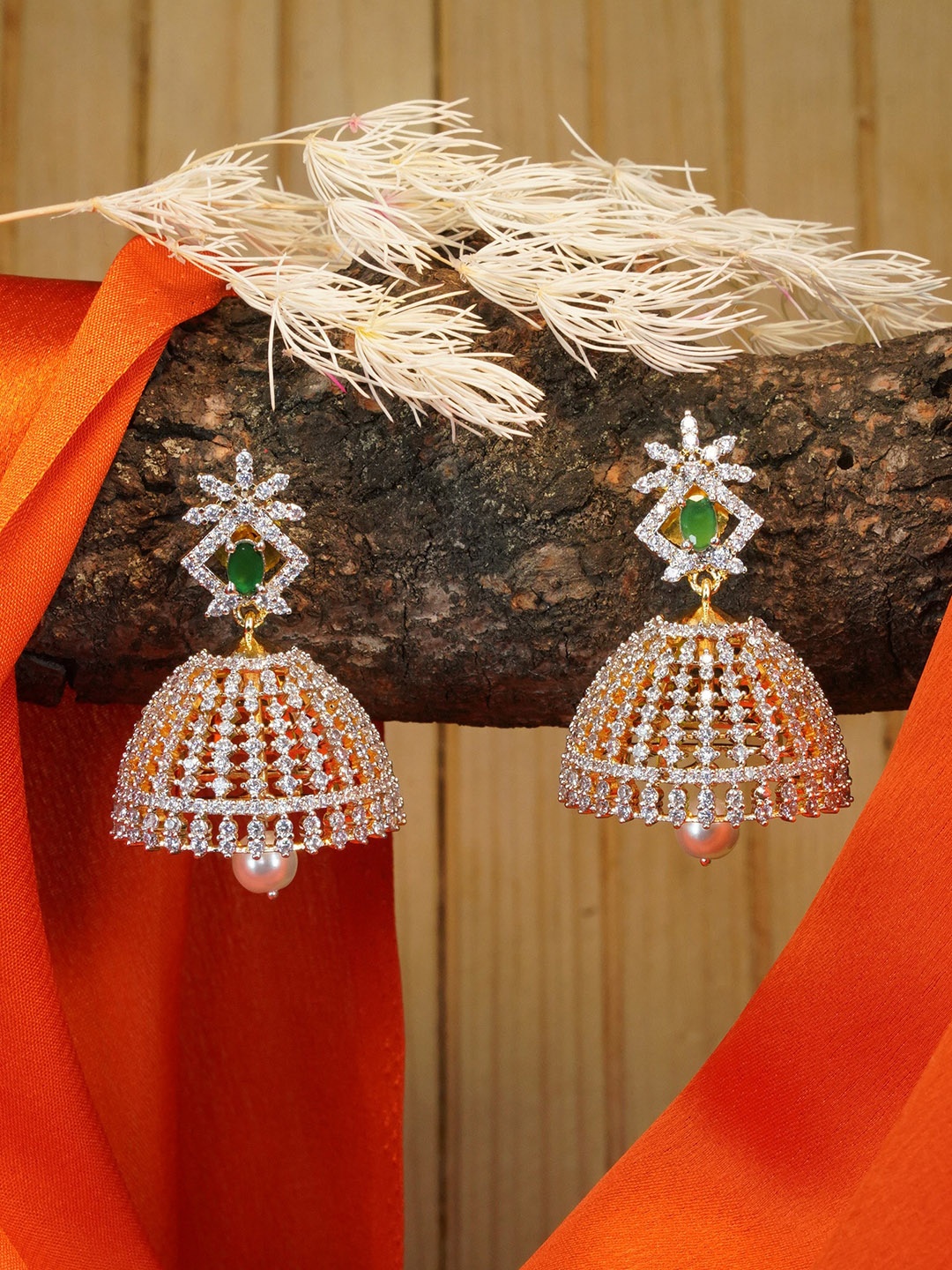 

GRIIHAM Gold-Plated Contemporary CZ Studded Jhumkas Earrings, Green