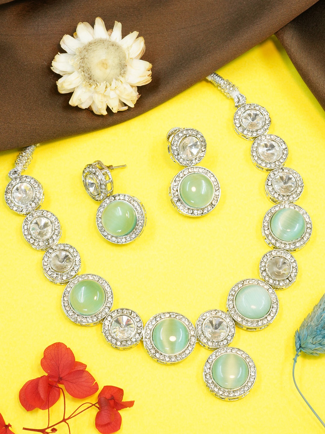 

GRIIHAM Silver-Plated AD-Studded & Beaded Jewellery Set, Sea green