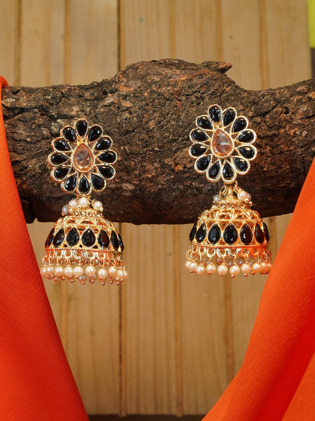 

GRIIHAM Gold-Plated Dome Shaped Jhumkas Earrings, Black