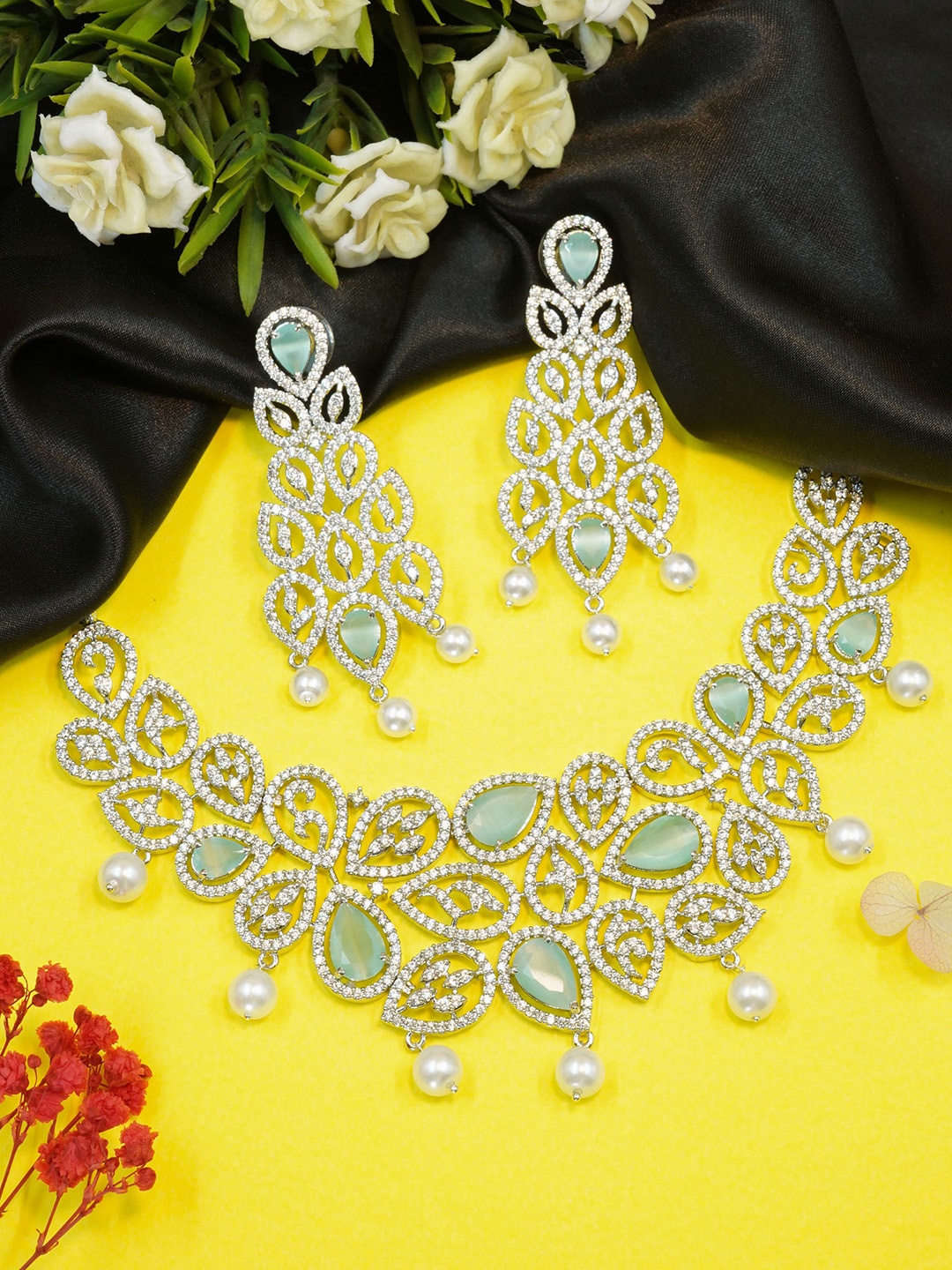 

GRIIHAM Gold-Plated CZ-Studded & Pearl Beaded Jewellery Set, Turquoise blue