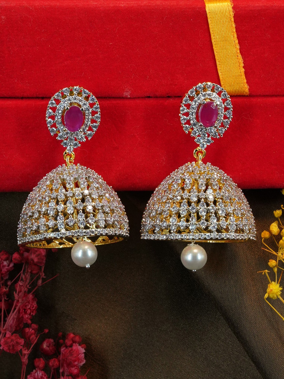 

GRIIHAM Gold-Plated Dome Shaped Jhumkas Earrings, Red