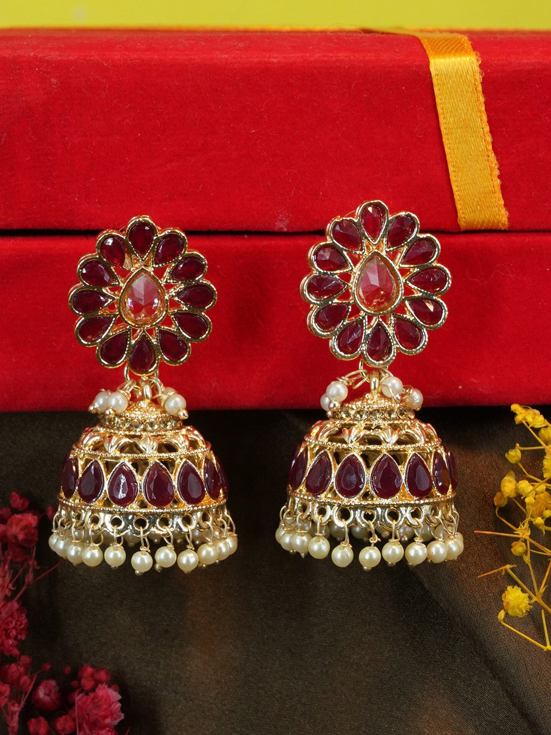 

GRIIHAM Gold-Plated Dome Shaped Jhumkas Earrings, Maroon