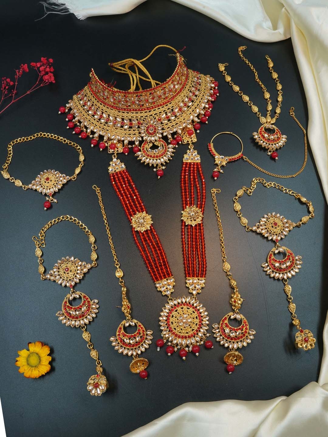 

GRIIHAM Gold-Plated Stones Studded & Beaded Bridal Jewellery Set