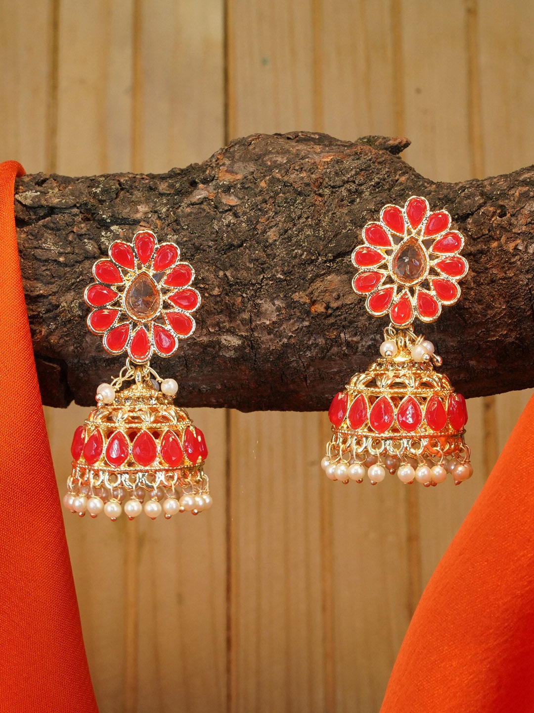 

GRIIHAM Gold-Plated Dome Shaped Jhumkas Earrings, Red