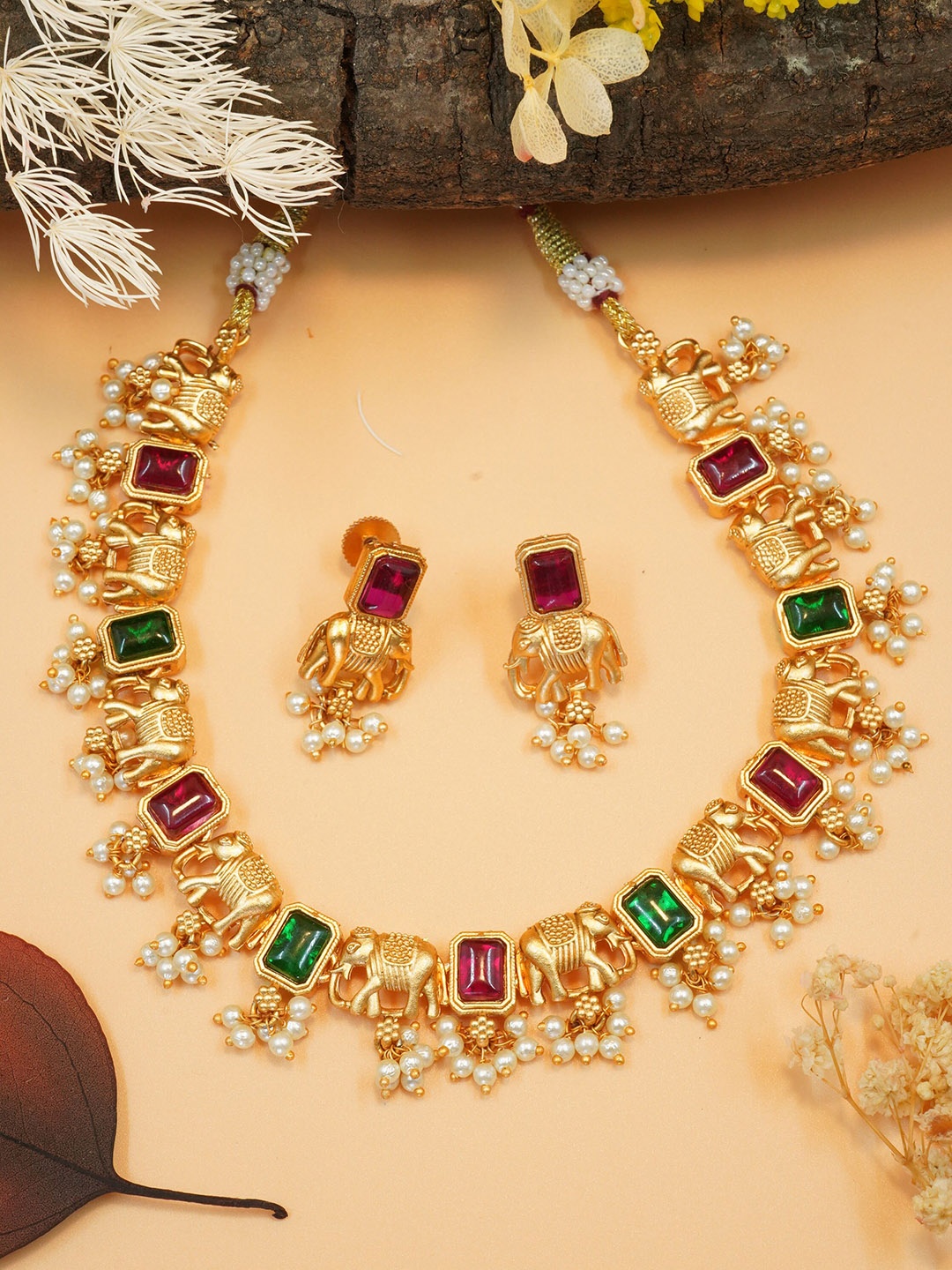 

GRIIHAM Gold-Plated AD-Studded & Pearls Beaded Antique Jewellery Set, Green