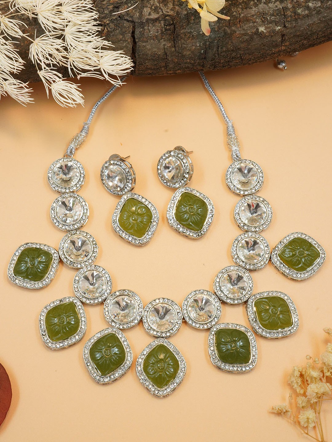 

GRIIHAM Silver-Plated AD Studded Jewellery Set, Green