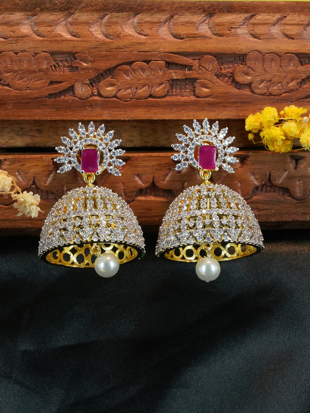 

GRIIHAM Gold-Plated Dome Shaped Jhumkas Earrings, Pink