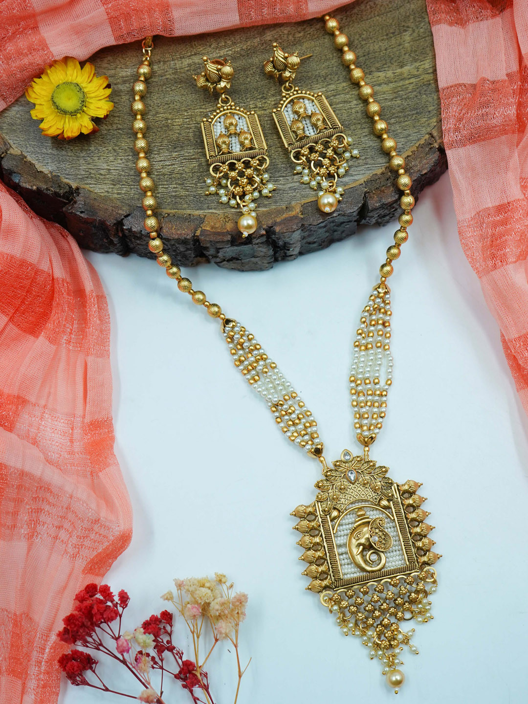 

GRIIHAM Gold-Plated AD Studded & Beaded Jewellery Set