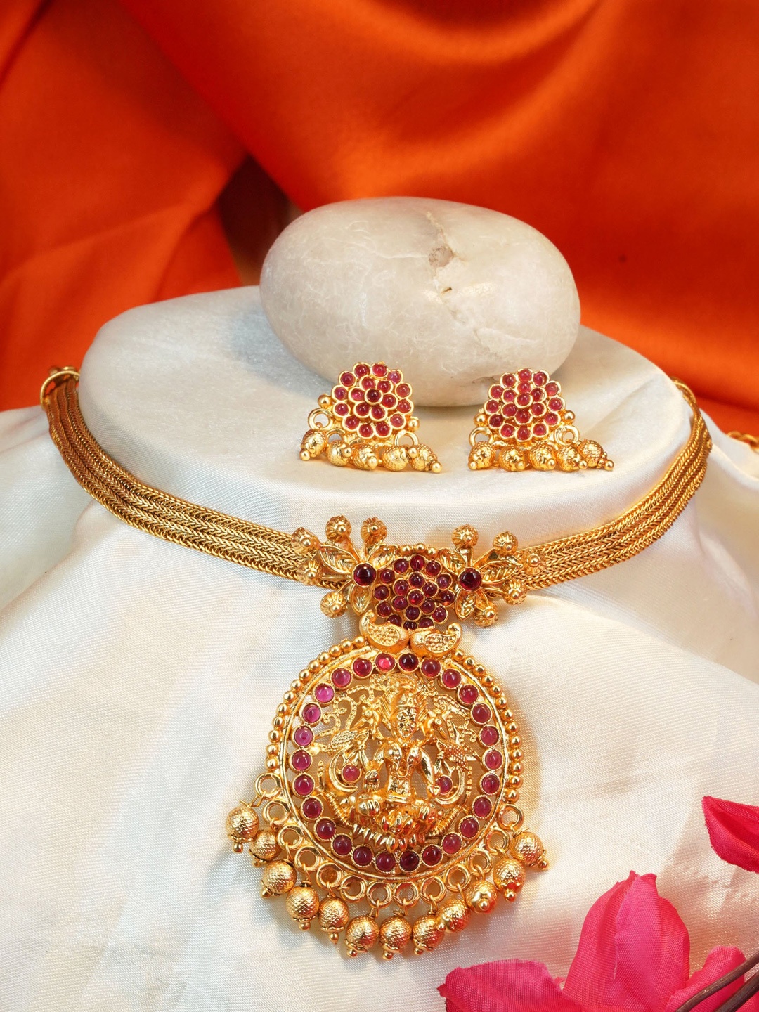 

GRIIHAM Gold-Plated AD-Studded Antique Jewellery Set, Pink