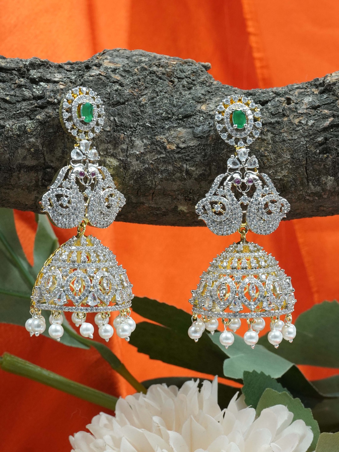 

GRIIHAM Gold -Plated Contemporary Jhumkas Earrings, Green