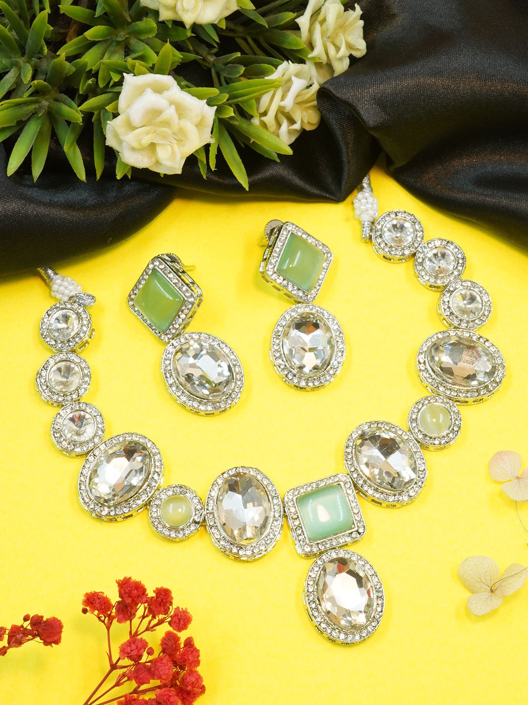 

GRIIHAM Silver Plated AD Studded Jewellery Set, Sea green