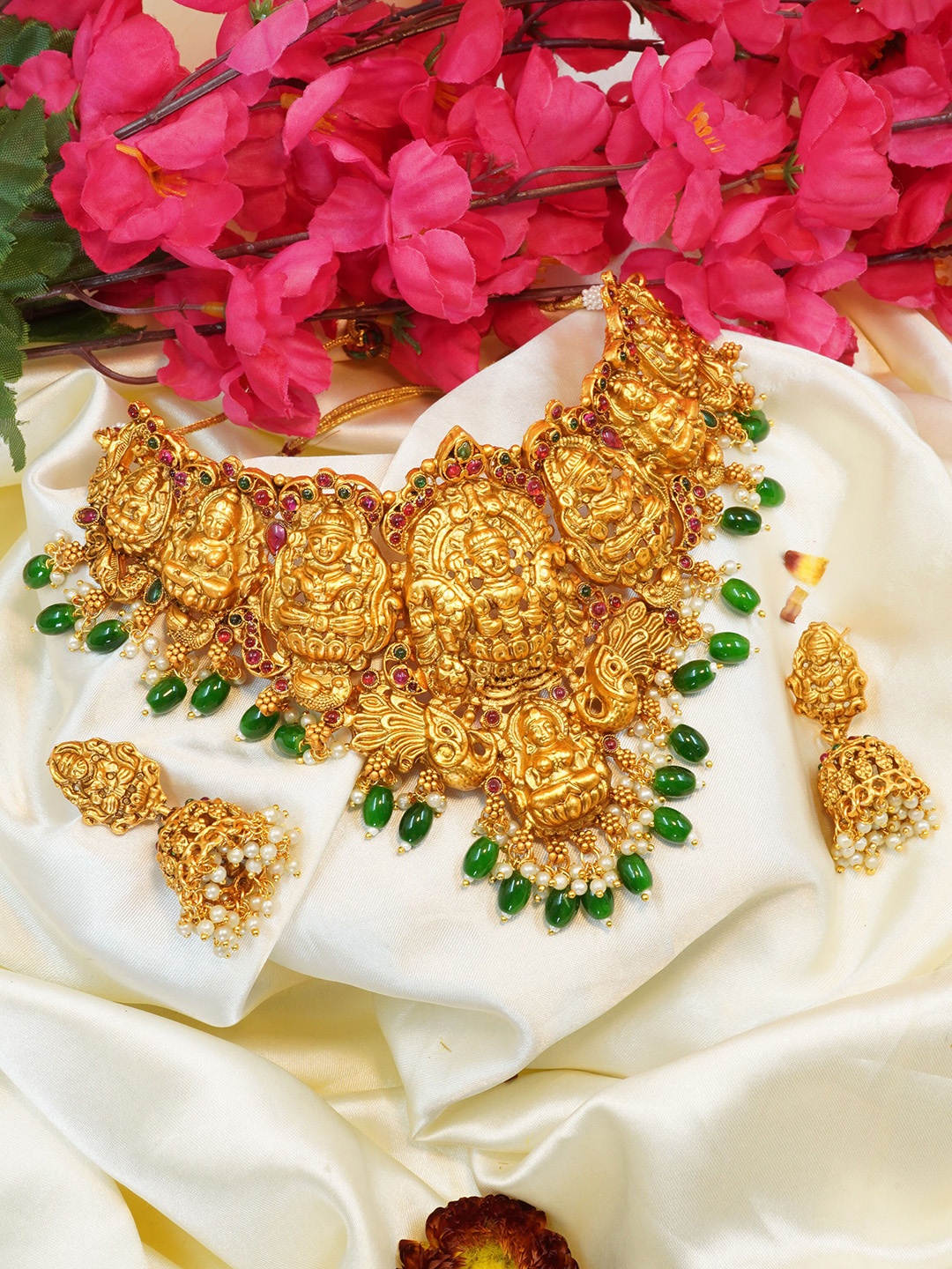 

GRIIHAM Gold-Plated AD-Studded & Beaded Temple Jewellery Set