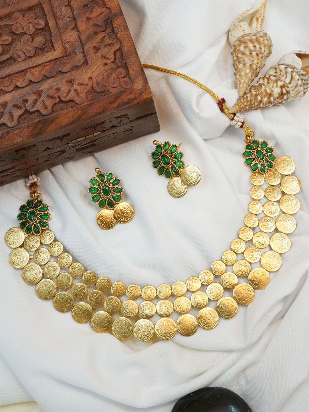 

GRIIHAM Gold-Plated AD-Studded Antique Jewellery Set, Green