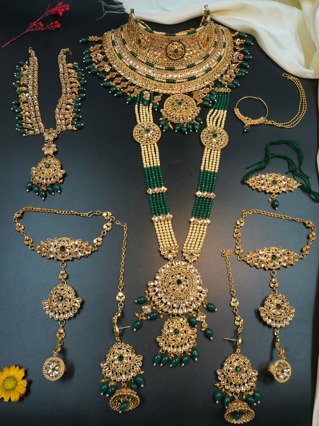 

GRIIHAM Gold-Plated Stones & Beaded Bridal Jewellery Set, Green