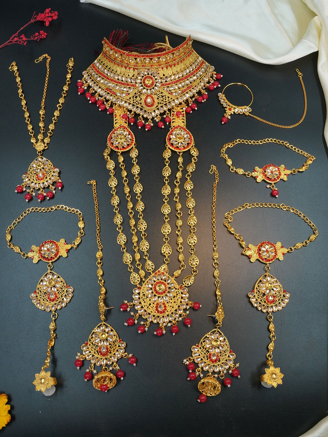 

GRIIHAM Gold-Plated Kundan & AD Studded Brass Bridal Jewellery Set