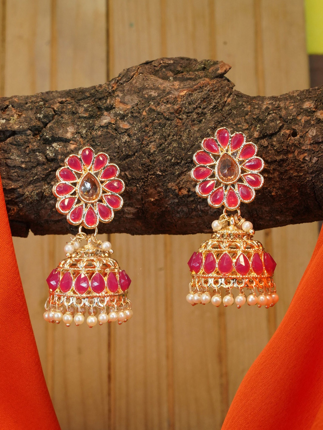 

GRIIHAM Gold -Plated Contemporary Jhumkas Earrings, Pink