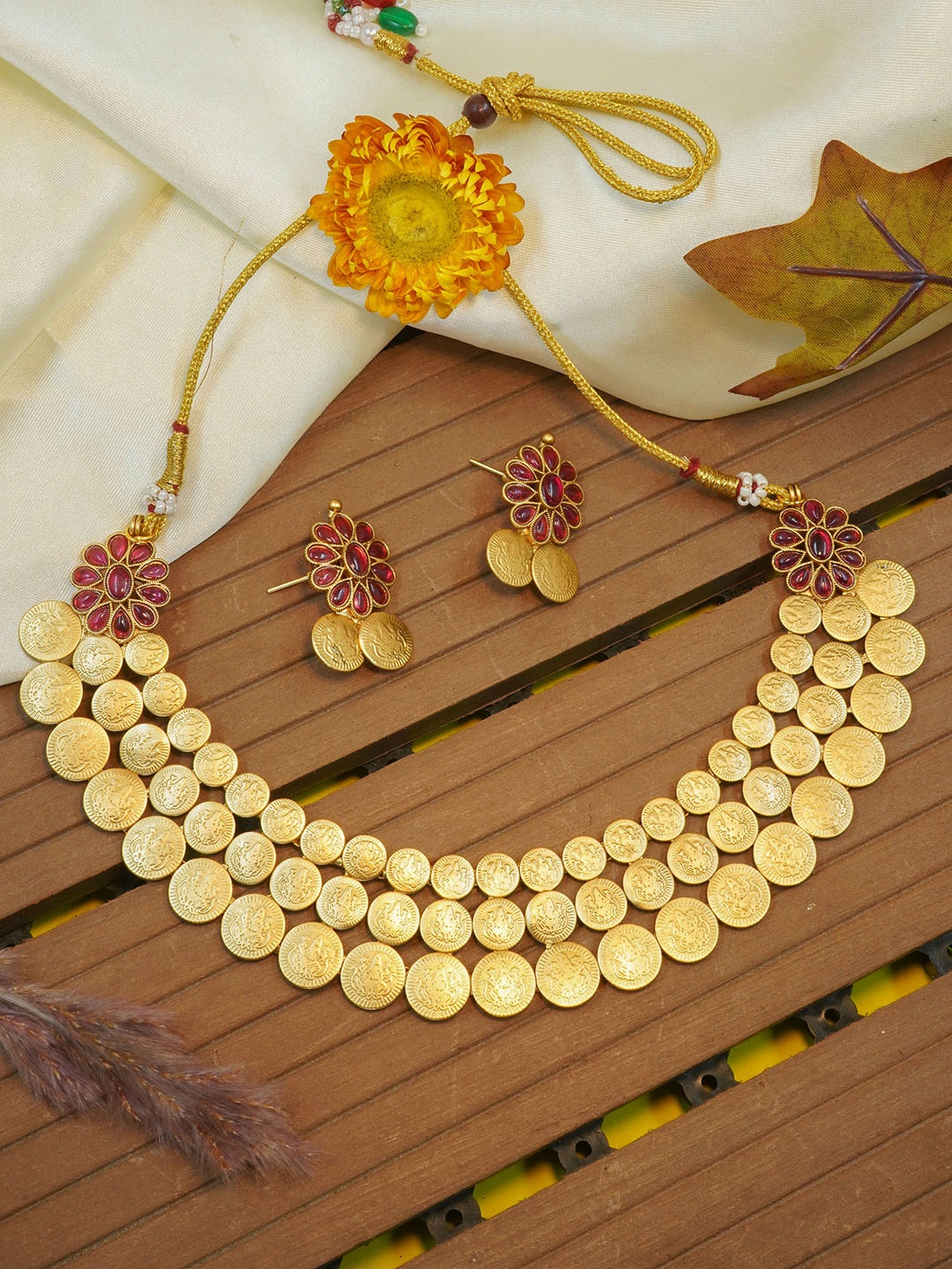 

GRIIHAM Kasu Gold-Plated AD-Studded Antique Jewellery Set, Pink