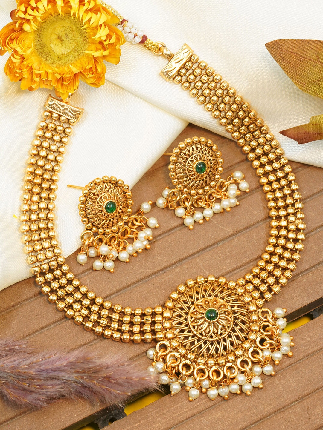 

GRIIHAM Gold-Plated Stone-Studded & Beaded Jewellery Set