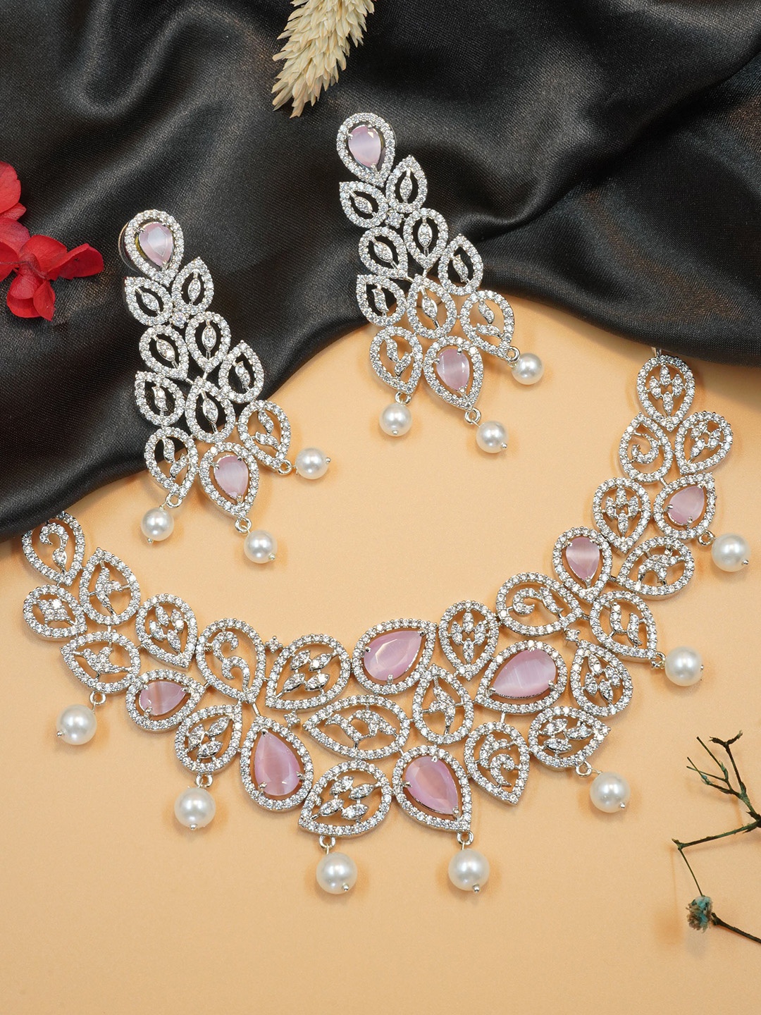 

GRIIHAM Silver-Plated CZ-Studded Jewellery Set, Pink
