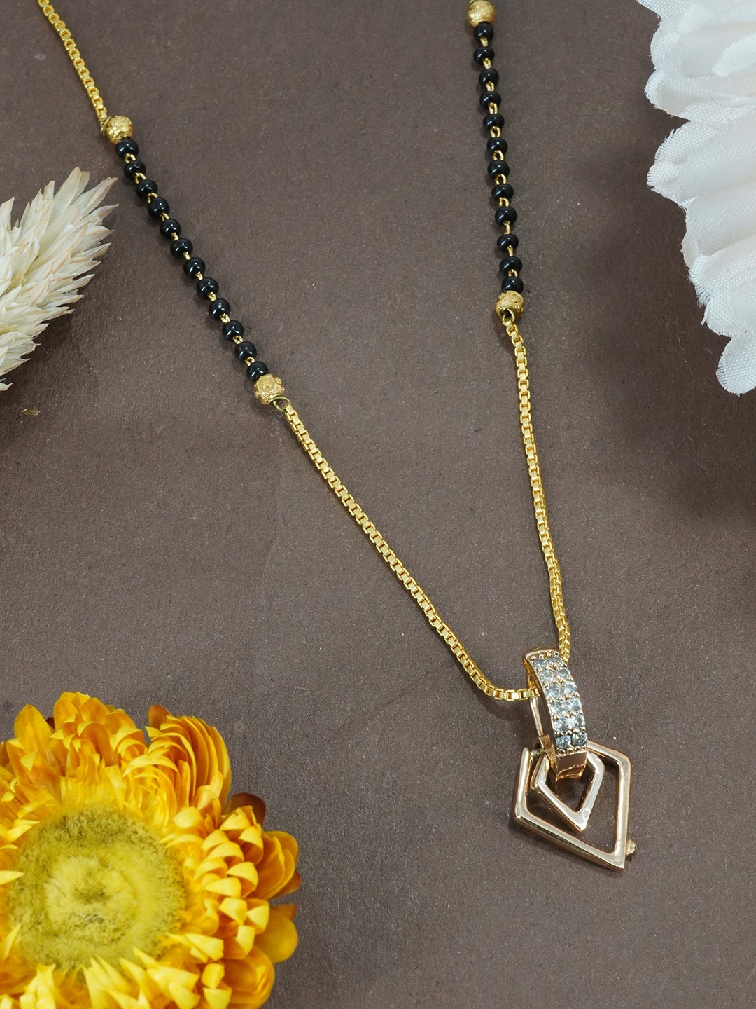 

GRIIHAM Gold-Plated Stones & Beads-Studded Mangalsutra