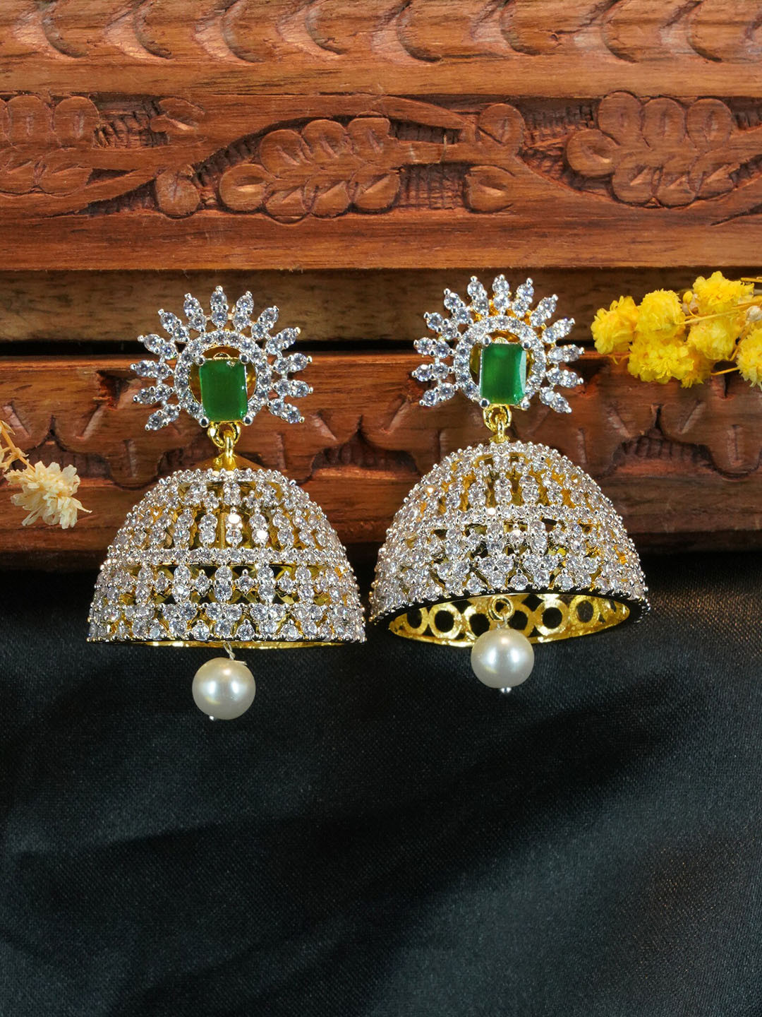 

GRIIHAM Gold Plated Dome Shaped CZ Studded Jhumkas Earrings, Green