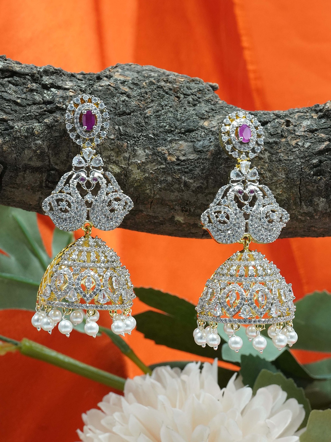 

GRIIHAM Gold Plated Contemporary CZ Studded Jhumkas Earrings, Red