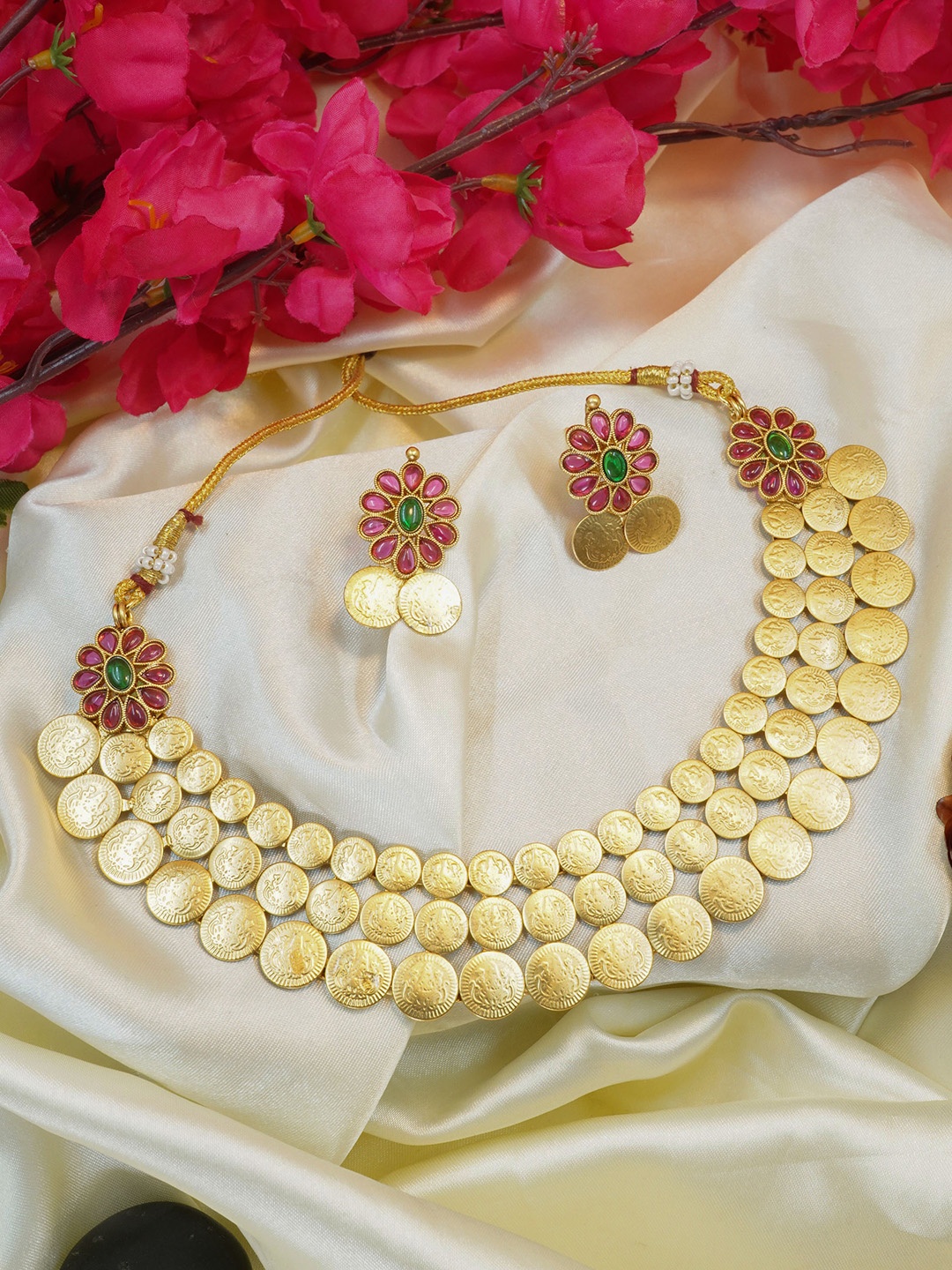 

GRIIHAM Kasu Gold-Plated AD-Studded Antique Jewellery Set, Pink