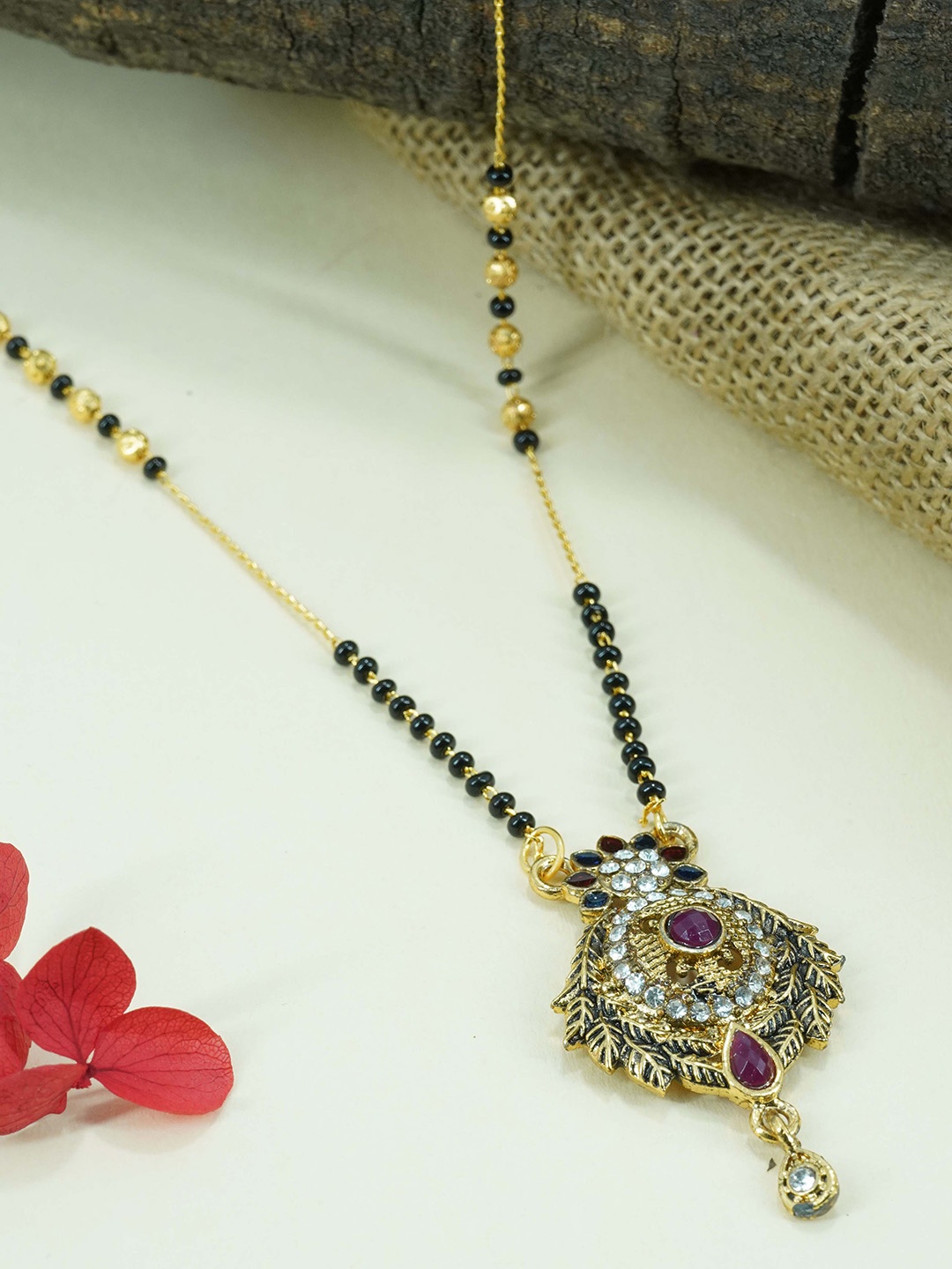 

GRIIHAM Gold-Plated Stone-Studded & Beaded Mangalsutra