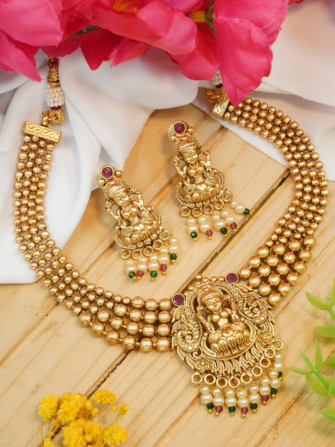 

GRIIHAM Gold-Plated AD-Studded Antique Jewellery Set, Pink