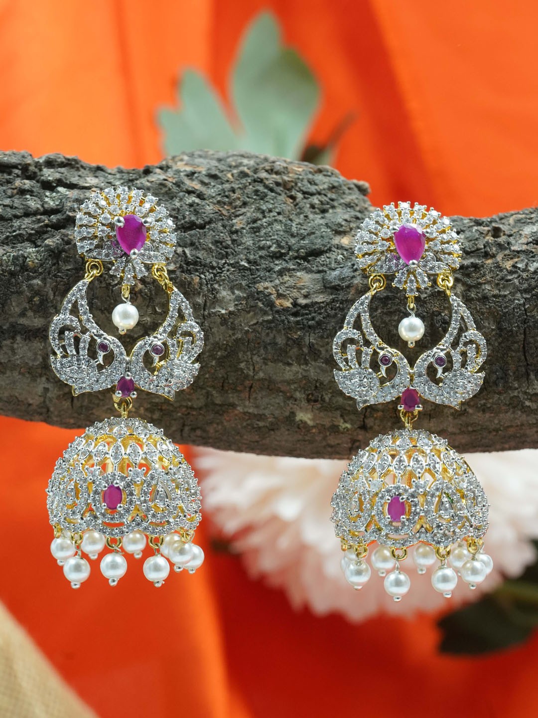 

GRIIHAM Gold Plated Contemporary CZ Studded Jhumkas Earrings, Red