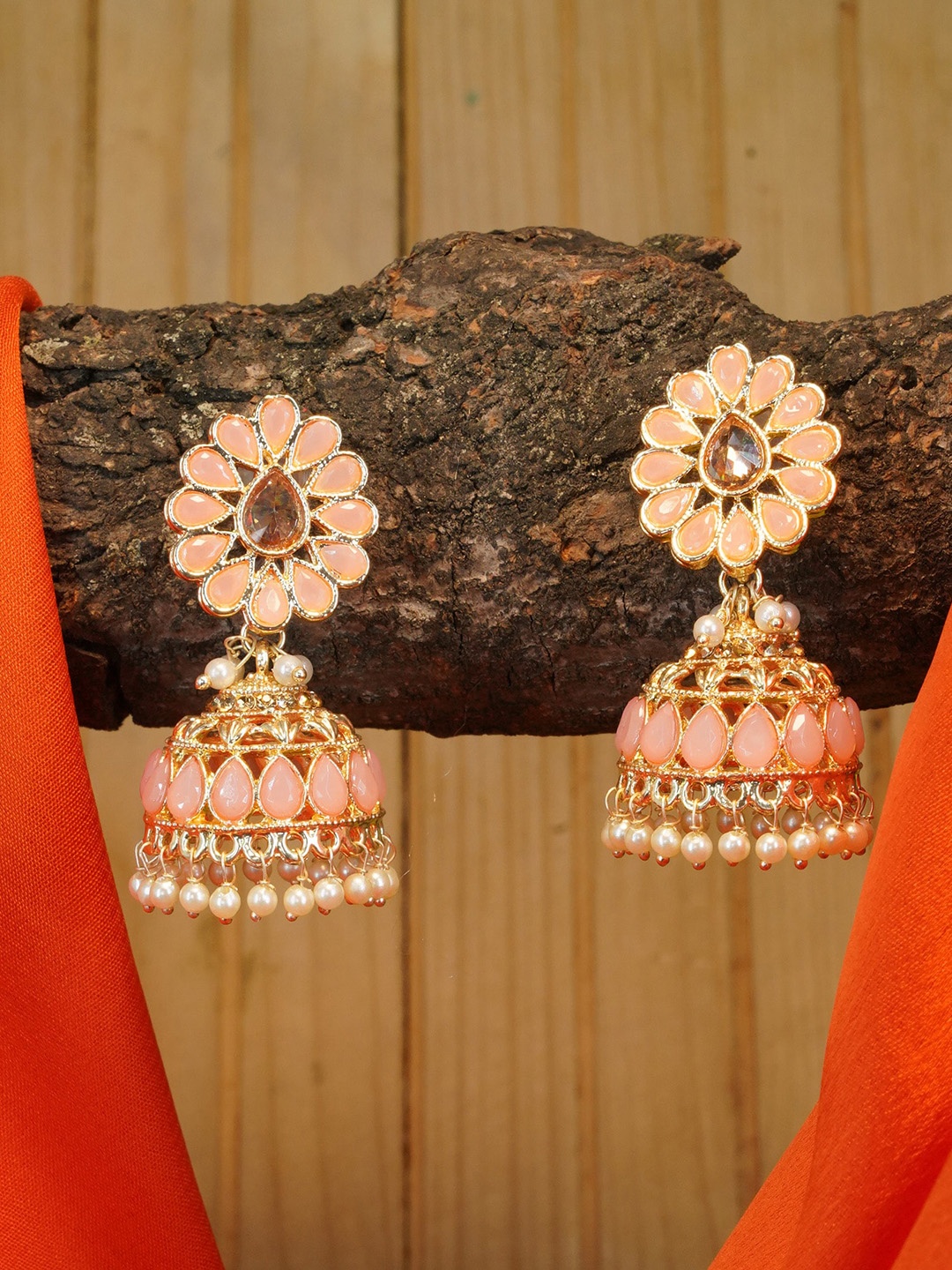 

GRIIHAM Gold Plated Dome Shaped AD Studded Jhumkas Earrings, Pink