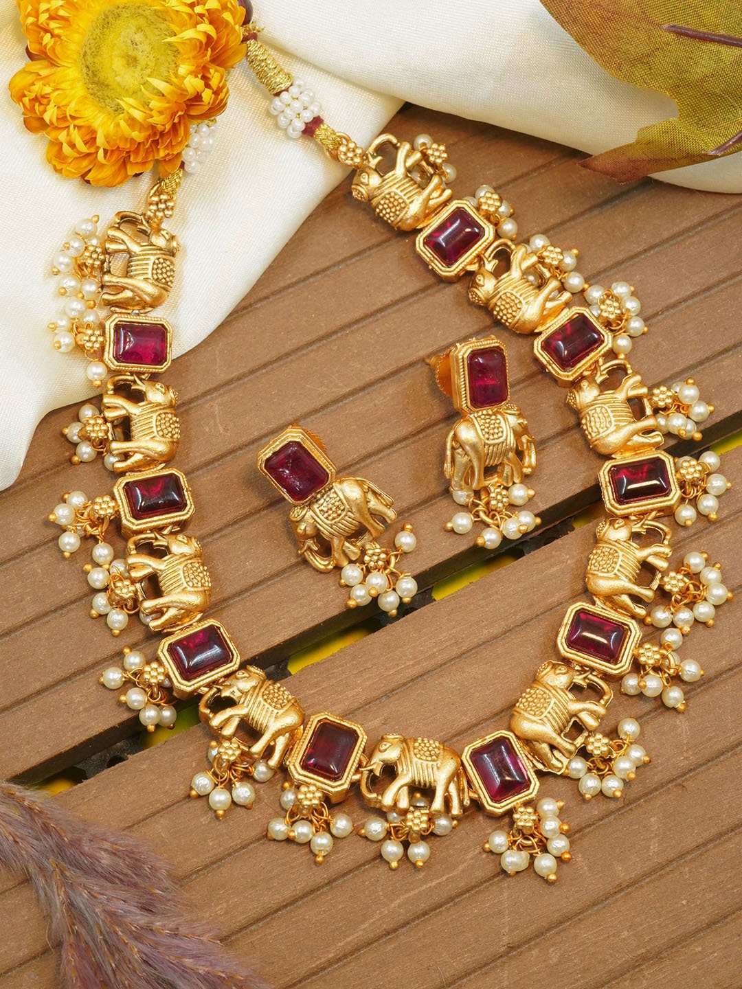 

GRIIHAM Gold-Plated AD Studded & Pearls Beaded Antique Jewellery Set