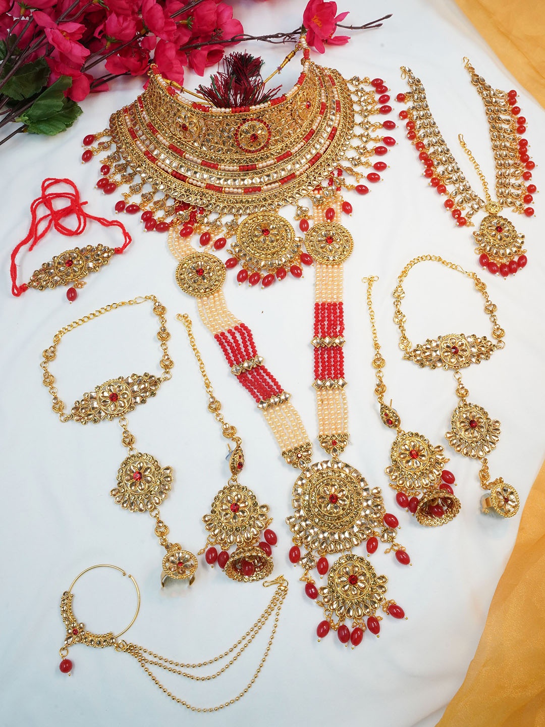 

GRIIHAM Gold-Plated AD-Studded Bridal Jewellery Set, Red