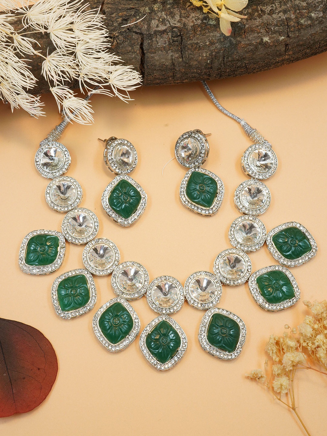 

GRIIHAM Silver-Plated American Diamond Studded Jewellery Set, Green