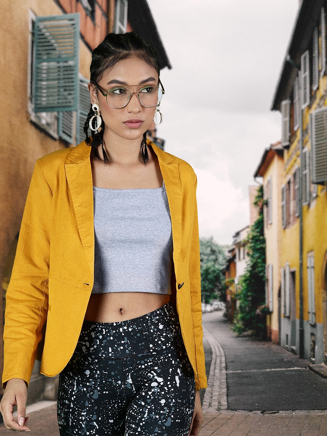 

SASSAFRAS Women Mustard Yellow Solid Single-Breasted Blazer