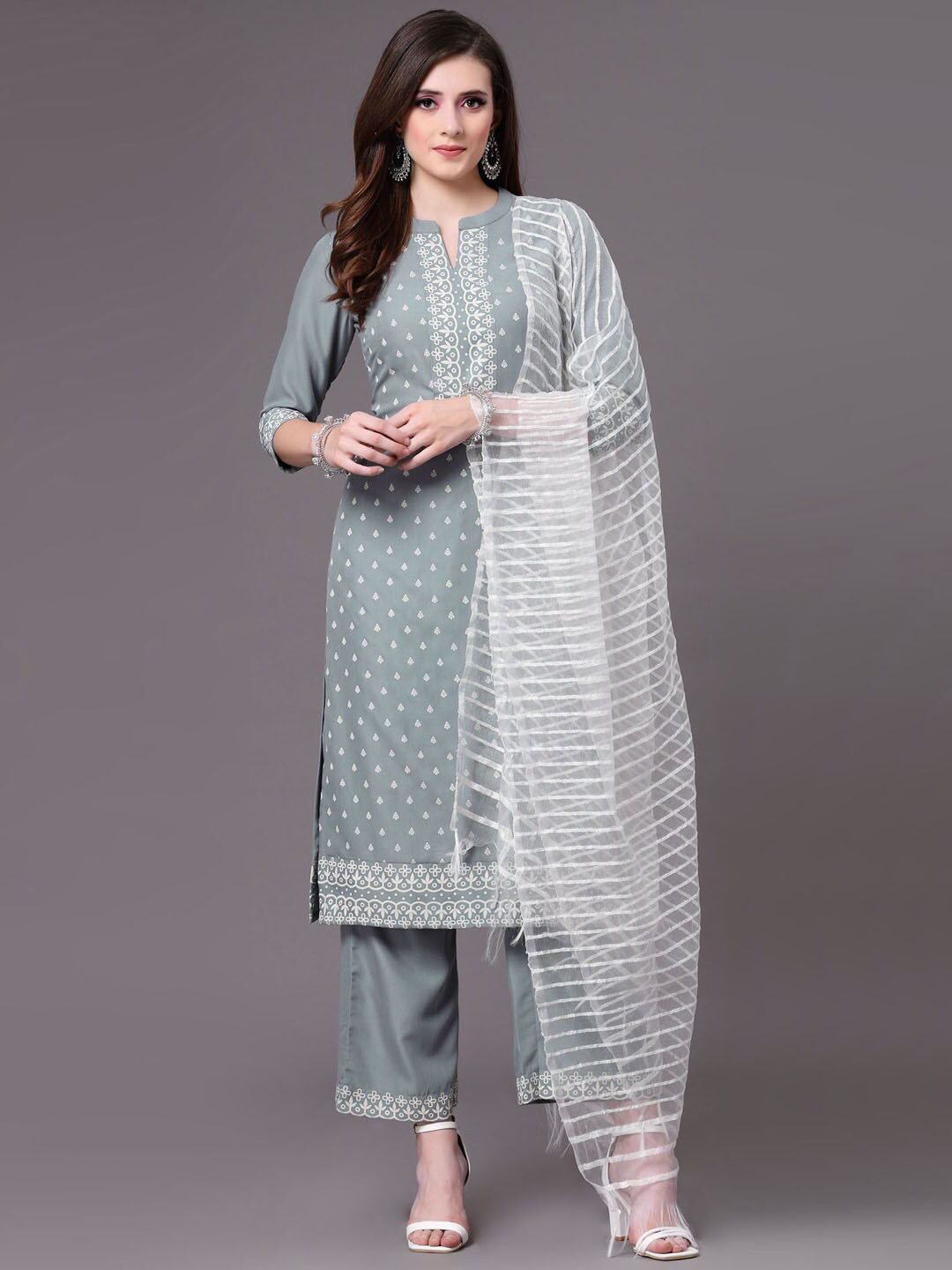 

SKYLEE Ethnic Motifs Printed Kurta With Palazzos & Dupatta, Grey