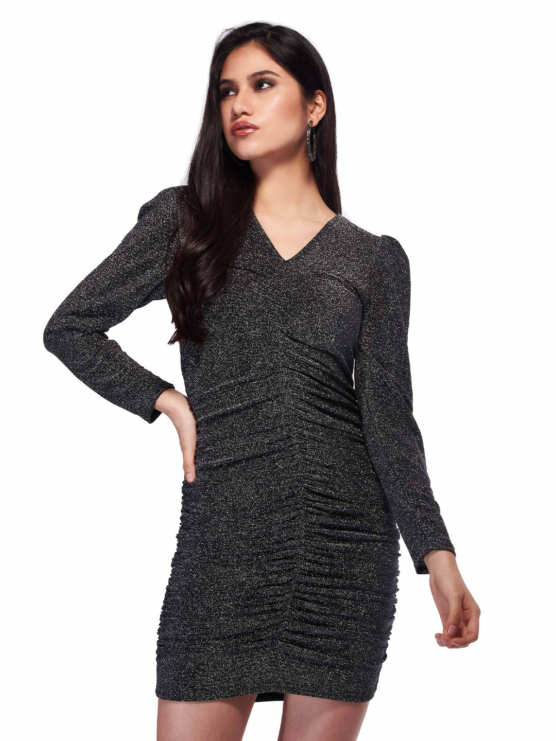 

IZF V-Neck Puff Sleeves Bodycon Dress, Black