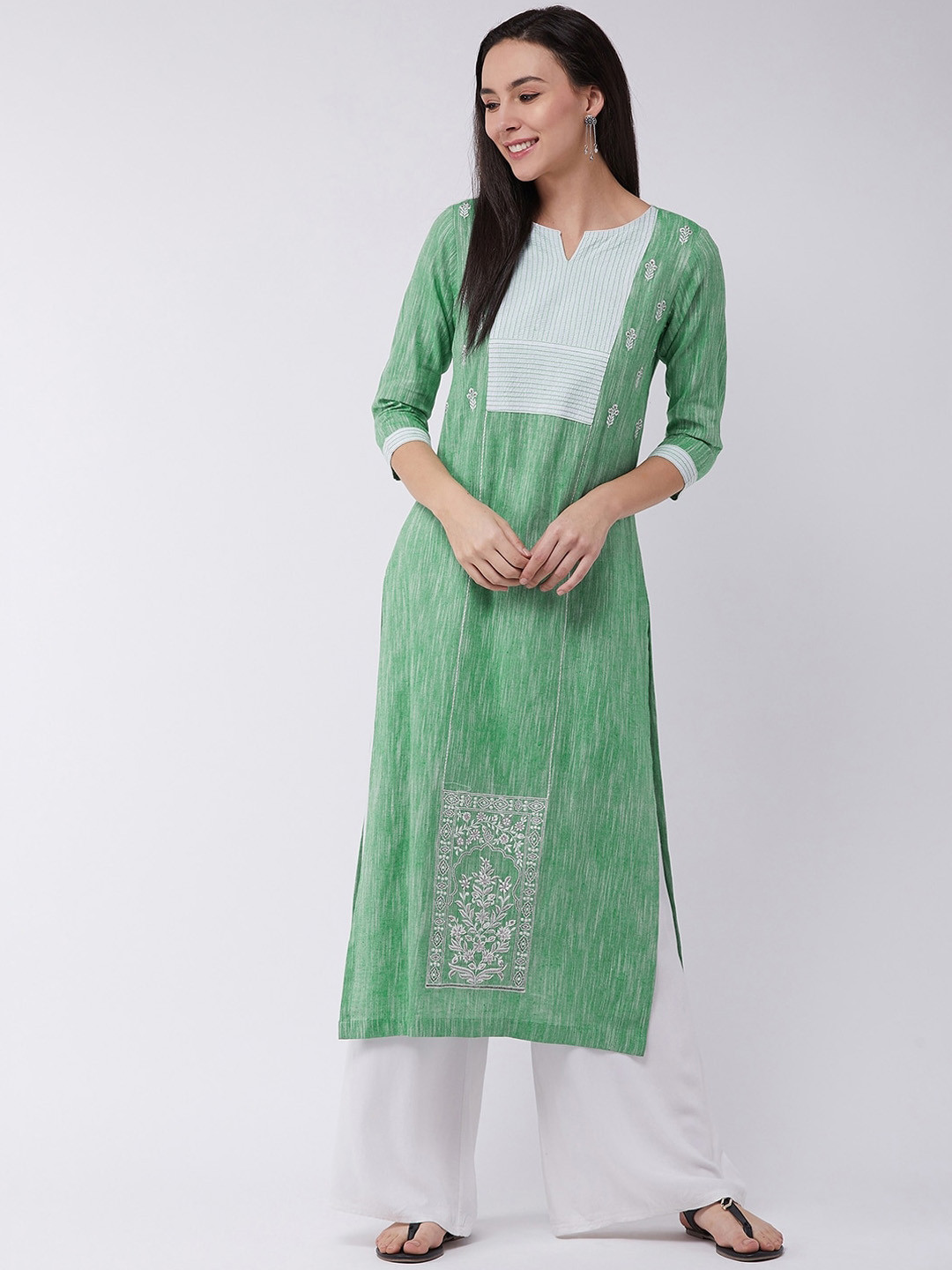 

Pannkh Floral Embroidered Thread Work Cotton Kurta, Green