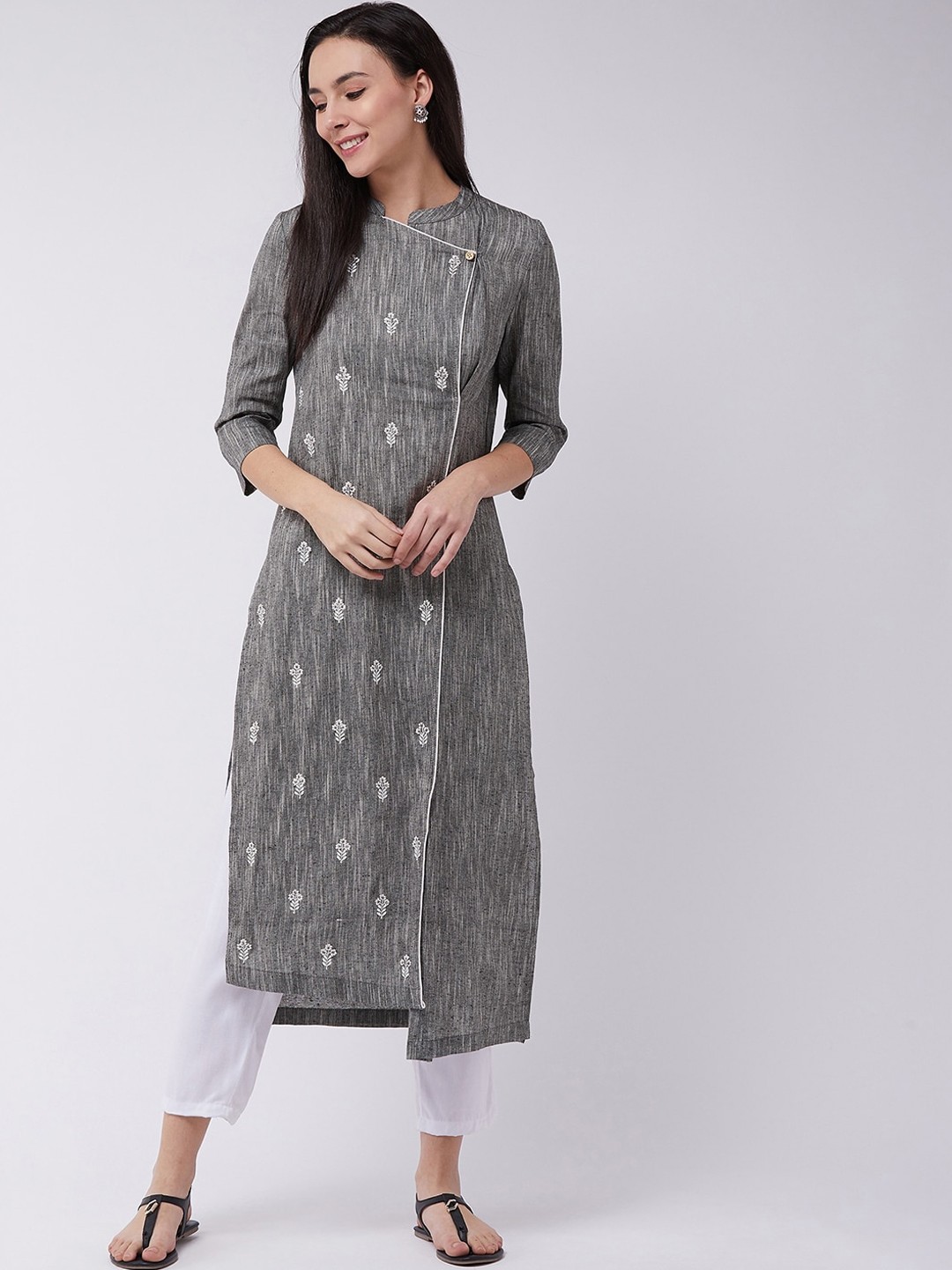 

Pannkh Floral Embroidered Thread Work Angrakha Kurta, Black