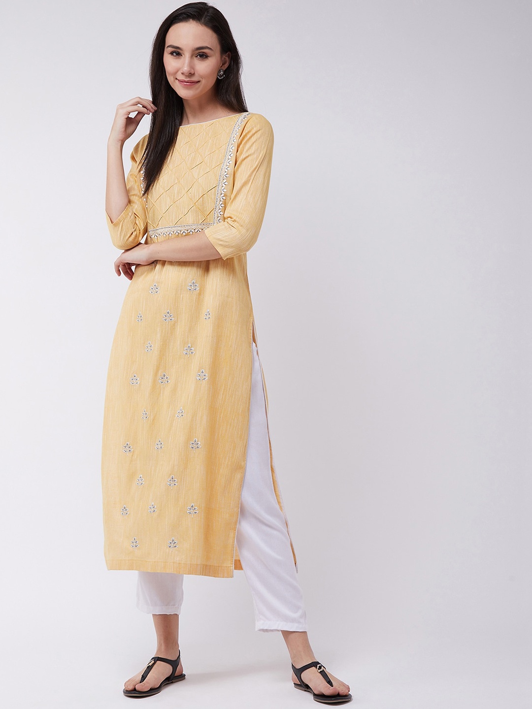 

Pannkh Floral Yoke Design Pure Cotton Kurta, Yellow