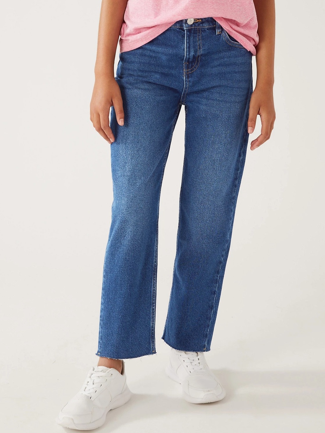 

Marks & Spencer Girls Straight Fit High-Rise Light Fade Pure Cotton Jeans, Blue