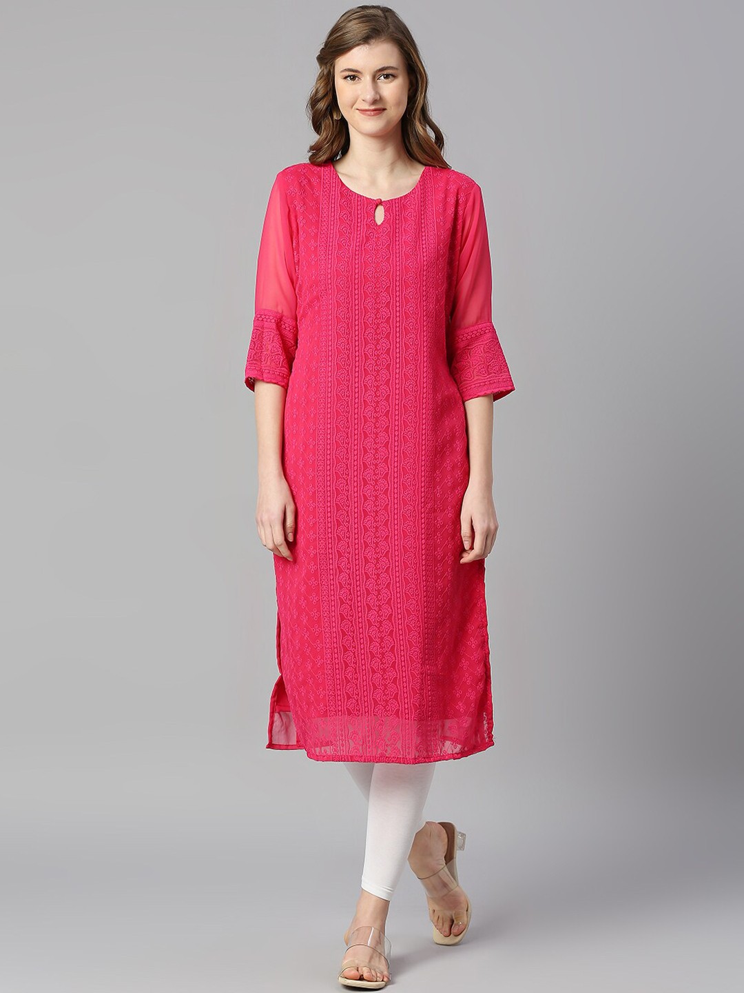

KALINI Ethnic Motifs Embroidered Georgette Kurta, Pink