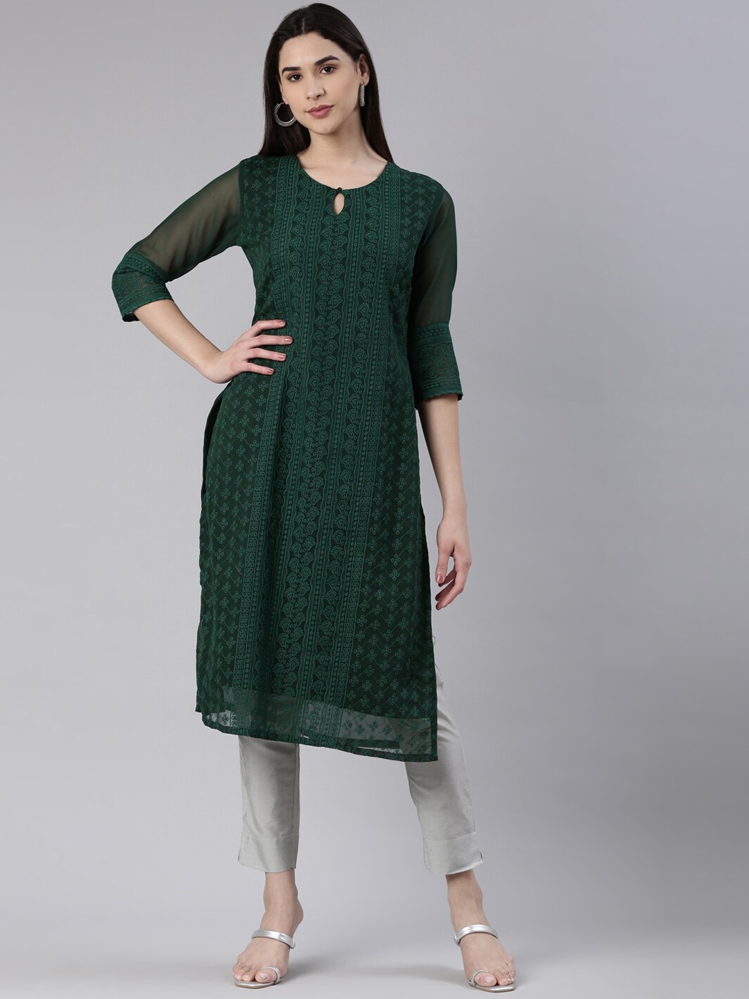 

KALINI Chikankari Embroidered Keyhole Neck Thread Work Georgette Kurta, Green