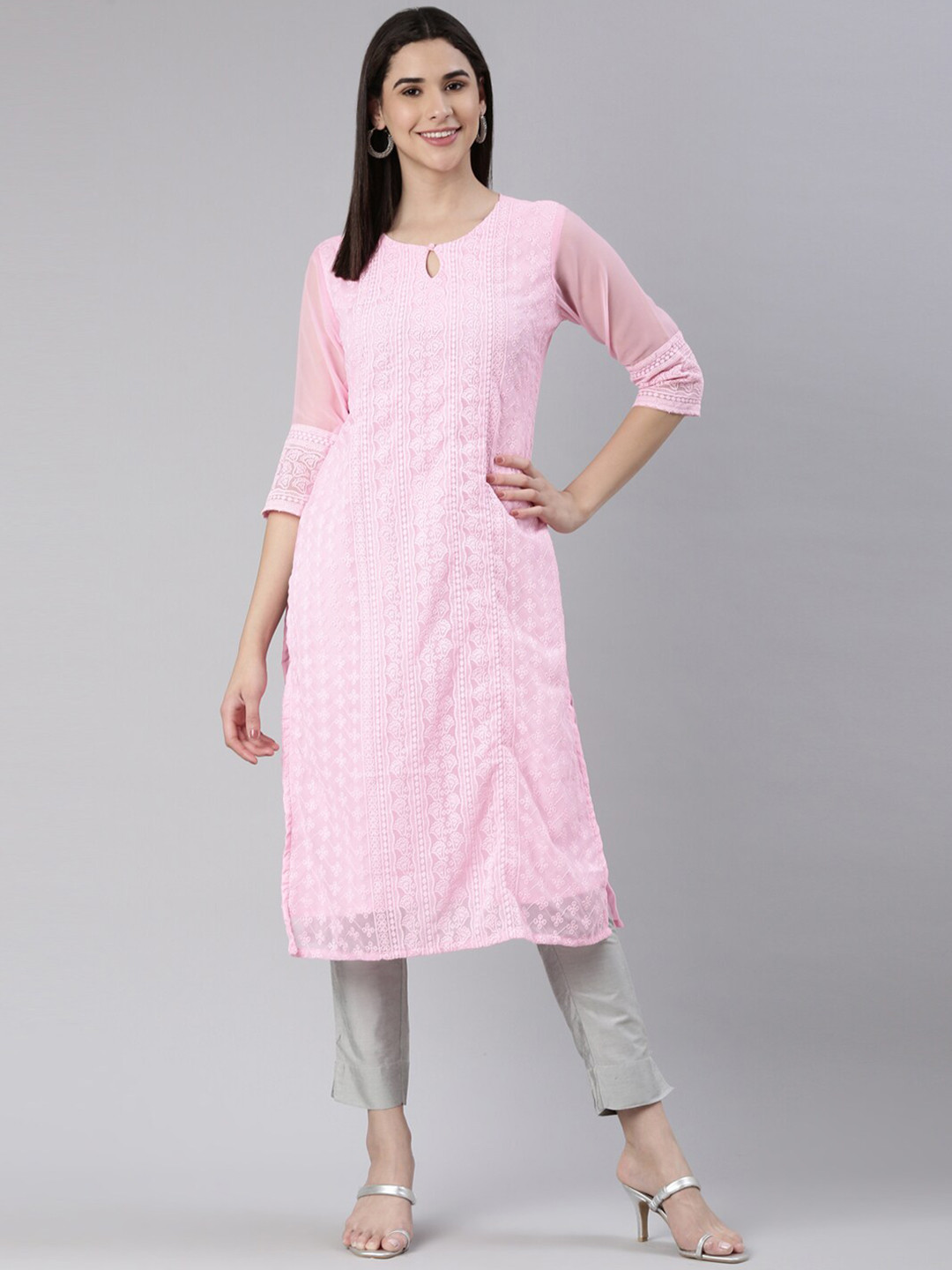 

KALINI Embroidered Keyhole Neck Chikankari Georgette Kurta, Pink