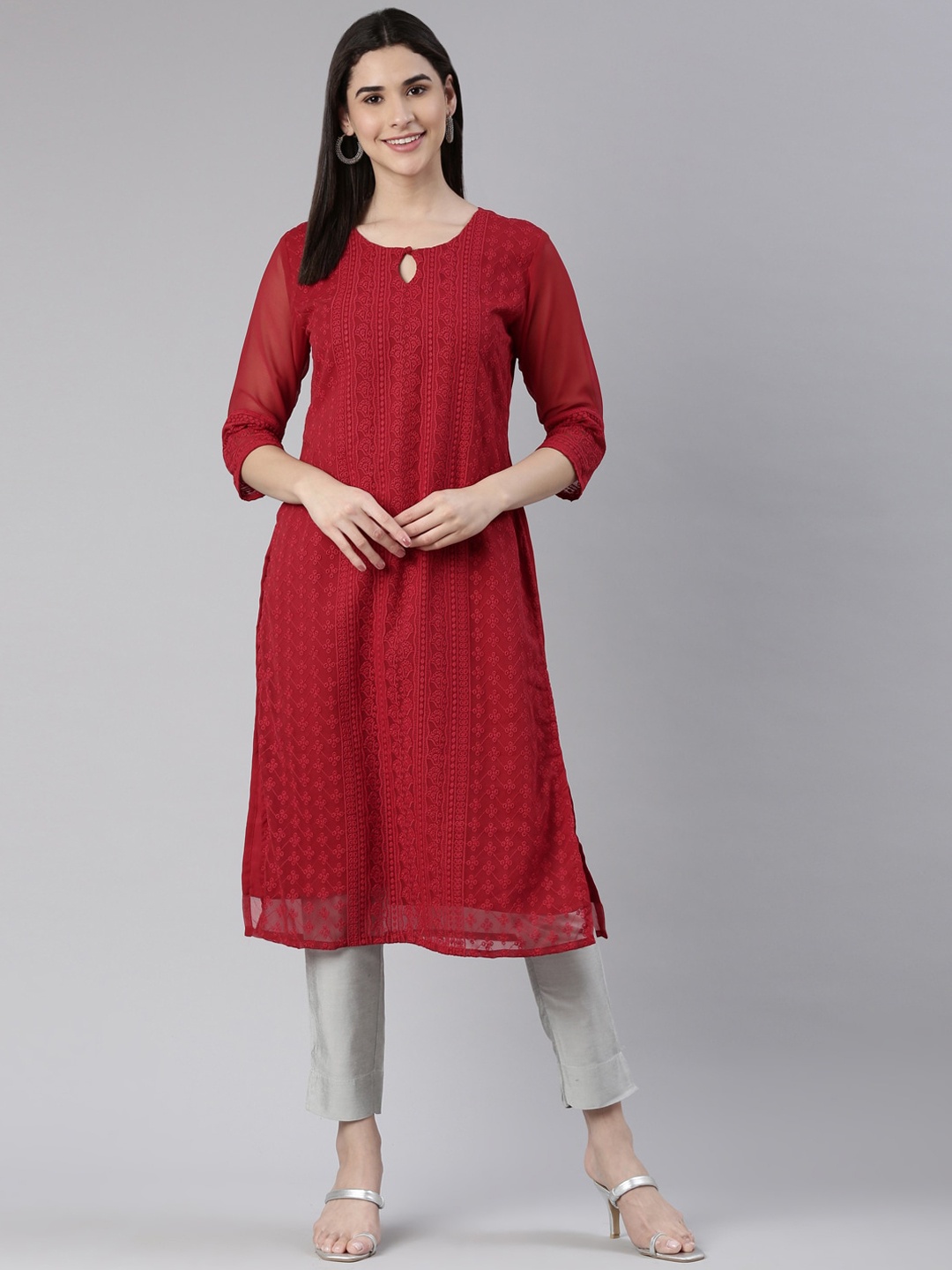 

KALINI Women Maroon Keyhole Neck Gotta Patti Floral Georgette Kurta