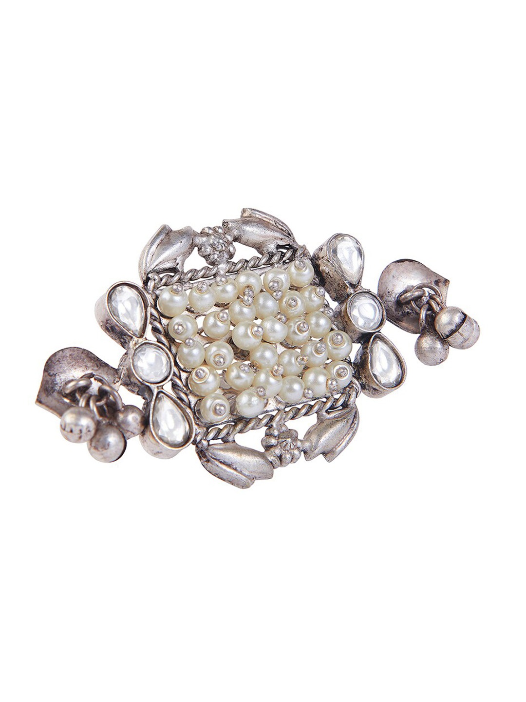 

CURIO COTTAGE Silver-Plated & Stone-Studded Oxidised Finger Ring