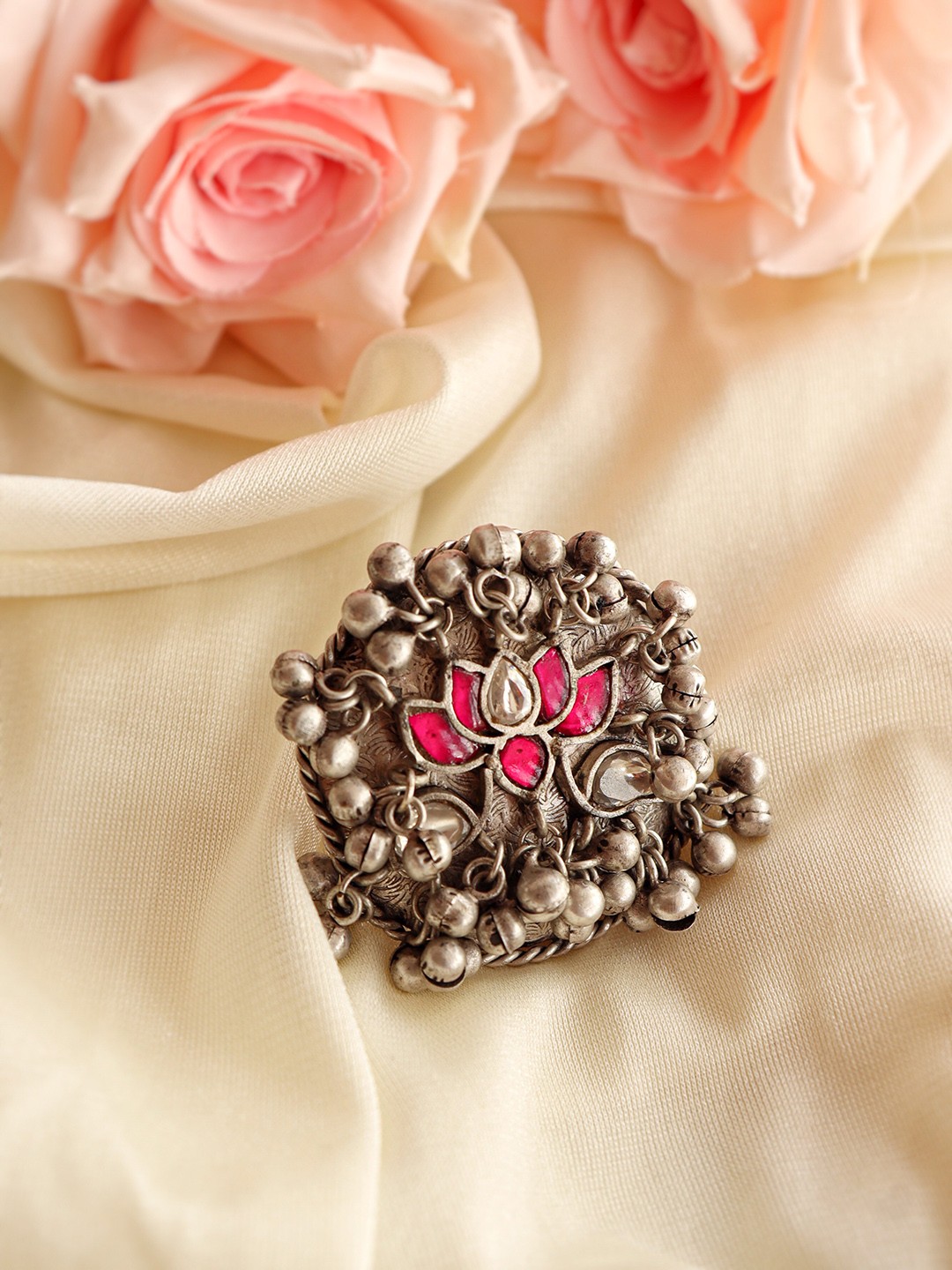 

CURIO COTTAGE Oxidised Silver-Plated Ghungroo Beaded Finger Ring